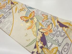 曲線に蝶・枝葉模様織出し袋帯